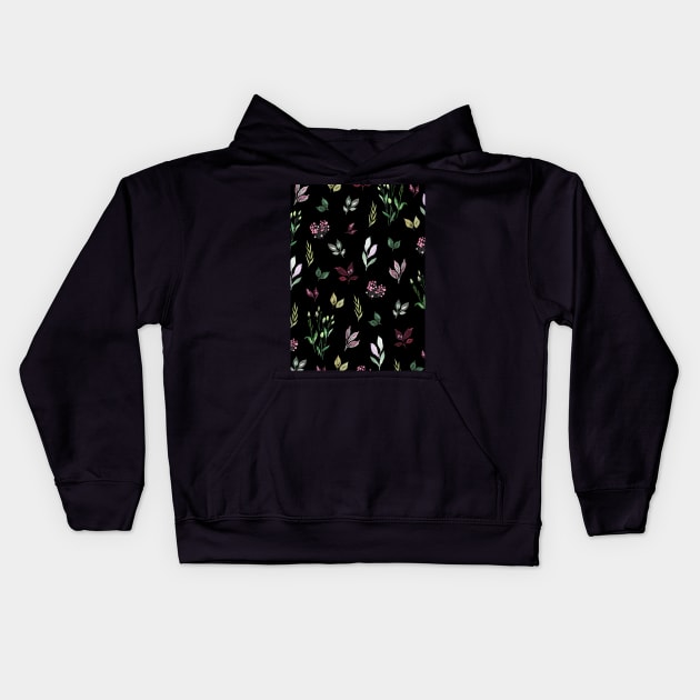 Tiny Watercolor Leaves Black Kids Hoodie by AnisIllustration